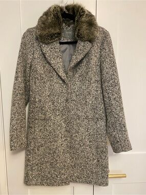 Oasis Grey Bouclé Wool Blend Overcoat with Faux Fur Collar